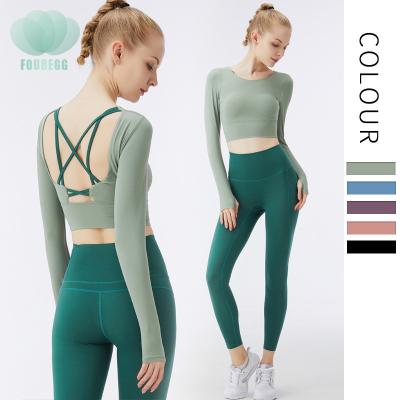 China Custom Logo Breathable Tops T-shirt Yoga Suit Long Sleeve Bra Sports Fitness Pants Workout Sports Wear Yoga Set For Women for sale