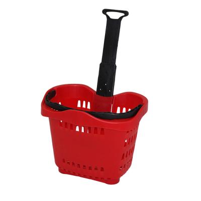 China Supermarket Wholesale Cheap Price Plastic Rolling Shopping Basket With Wheels RHB-611 for sale