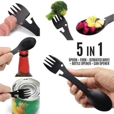 China Outdoor Camping Raising Travel 5 in 1 BBQ Cutlery Box Opener Stainless Steel Picnic Fork Portable Multifunctional Outdoor Camping Rising Spoon for sale