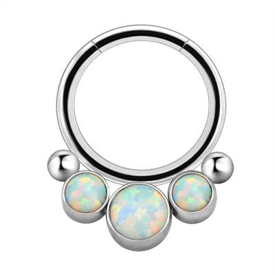 China Casual/Sporty ASTM F136 Segment Clicker Titanium White Nose Rings Real Opal Stones Set On Hinged Piercing Silver Segment Ring Daith Trgaus He for sale