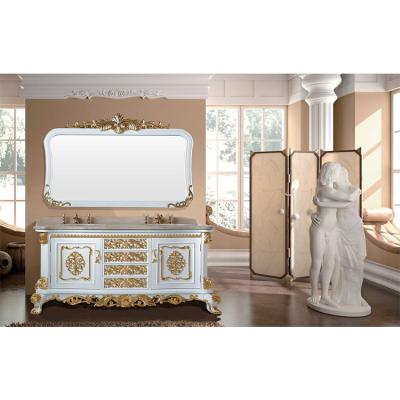 China Hot Sale Traditional Good Quality European Style Retro Patterned Bathroom Wash Basin Cabinet With Mirror for sale