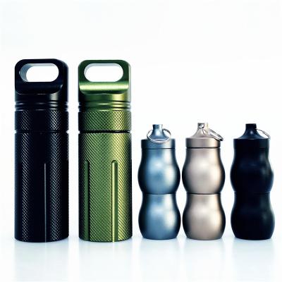 China Eco-friendly Recyclable Outdoor Portable Useful Mini Waterproof Metal Pill Box Case Bottle Stash Holder Key Chain Pill Bottle Container for sale