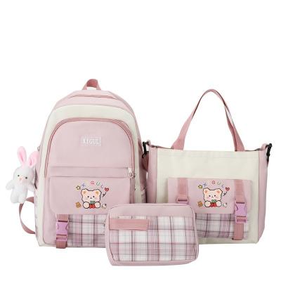 China Waterproof Backpacks High School Students Schoolbag Girls High School Plaid 3 Set Large Capacity Backpack for sale