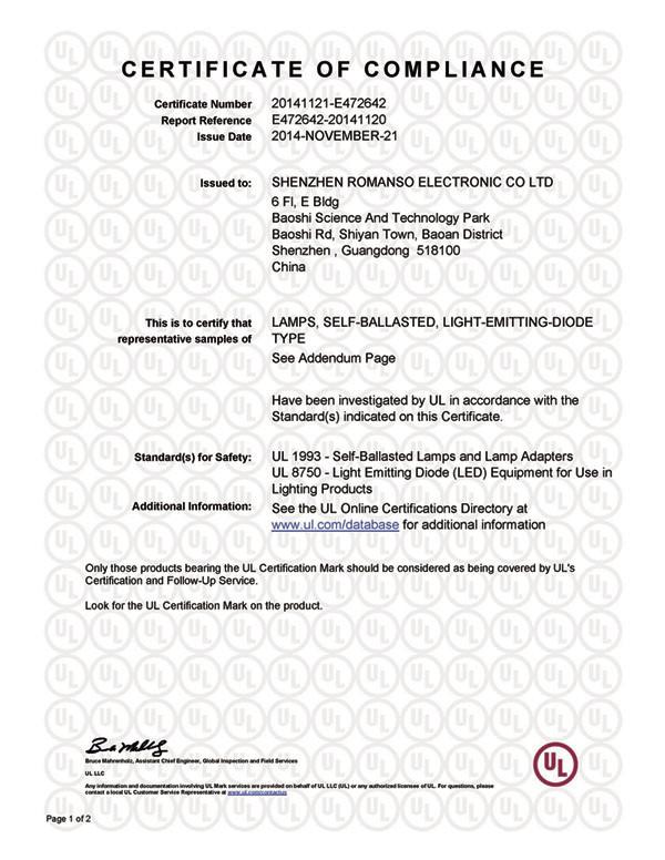 UL - Certificate of compliance - Shenzhen Romanso Electronic Co., Ltd