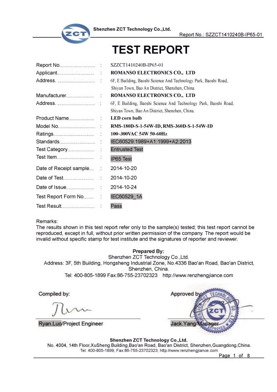 IP65 - TEST REPORT - Shenzhen Romanso Electronic Co., Ltd