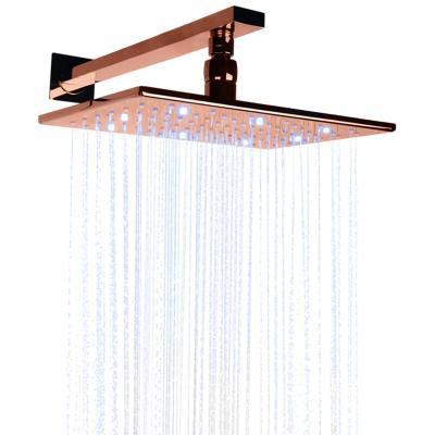 China Rose Gold 28X18CM Bathroom Shower Head 3 Color Temperature Changing Wall Mount Shower Rainfall Free for sale