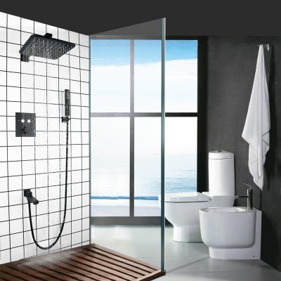 China Luxury Matte Black Thermostatic Push Button Bath Shower Mixer Wall Mounted Rainless Sliding Bar With Hand Grip for sale