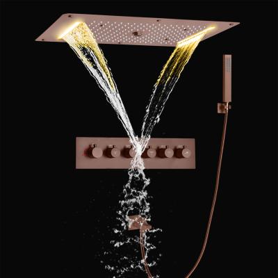 China Without Slide Bar Brown 700X380 Mm Bathtub Shower System LED Bathroom Thermostatic Rainfall Waterfall With Handh for sale