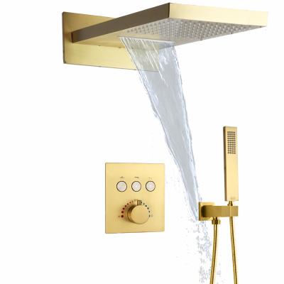 China Slide Barless Swept Gold Shower Thermostatic Multifunction Waterfall Shower Set With Hand Held Rainfall for sale