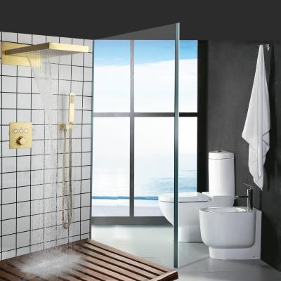 China Slide Barless Swept Gold Thermostatic Shower Waterfall Wall Mounted Rainfall Shower Set With Hand Held for sale