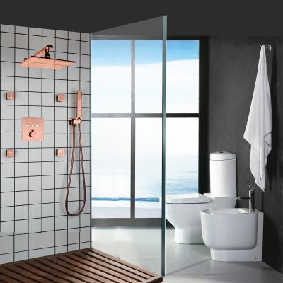 China Without Slide Bar Rose Gold Bathroom Shower Faucet LED Set Rectangular Thermostatic Push Button Valve Rainfall Shower Head for sale