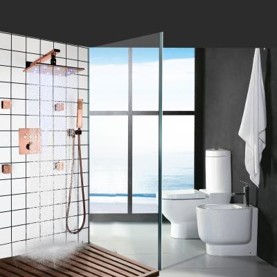 China Slide Barless 12X8 Inch Rose Gold Thermostatic Bathroom Shower Inch Rectangular Faucet Set Push Button Valve LED Wall Rain Shower Head for sale