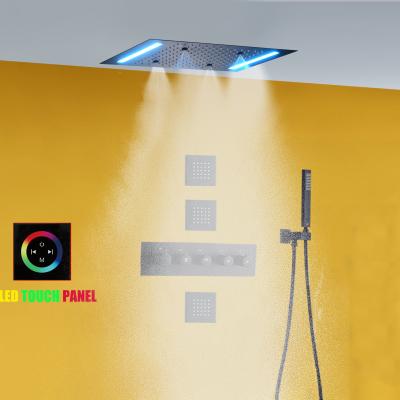 China Without Slide Bar Matte Black Rain Shower Set 14 x 20 Inch Large Ceiled Bathroom Thermostatic Faucet Mist Rain LED Shower Head Mode for sale