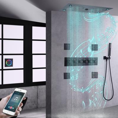 China Matte Black LED Bathroom Thermostatic Shower Faucet Slide Bar Music Shower Handheld Rainfall Shower for sale