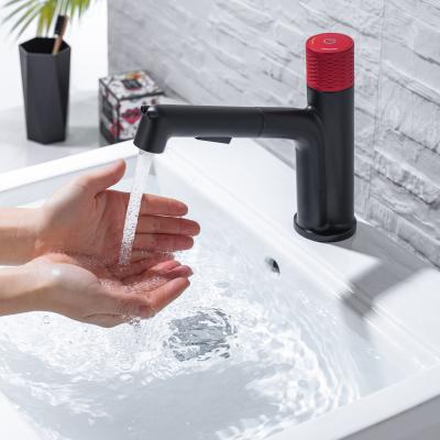 China Contemporary Modern Black + Red Pull Out Faucet Basin Faucet Bathroom Bathroom And Cold Faucet Sink for sale