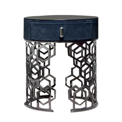 China Modern Luxury Living Room Bedroom Furniture Metal Base Design Round Frosted Leather Bedside Cabinet for sale