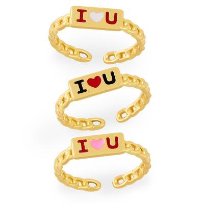 China CLARMER TRENDY Vintage Design 18K Gold Plated Couples Rings Enamel I LOVE YOU Brass Cuff Rings Adjustable Rings For Woman And Girls for sale