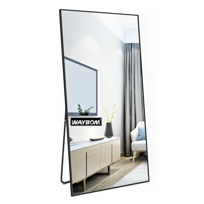 China European Style Bathroom Floor Mirror Black Metal Framed Full Standing Dressing Mirror for sale