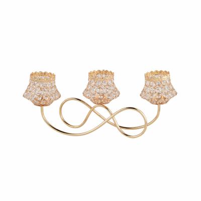 China All Crystal Wedding Dinner Home Table Metal Gold Decoration Three Headed Candle Holder for sale