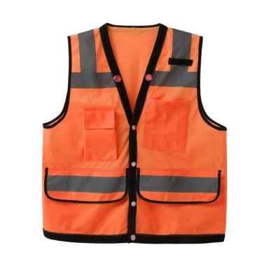 China Stock 2 Comfortable Fluorescent Orange Safety Vest Polyester Orange Reflective Mesh Hi-Vis Vest With Pockets for sale