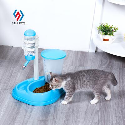 China Sustainable Saiji Pink Blue Color Eat And Drinking Pet Cat Automatic Feeder No Spill Water 2 Food In 1 Dog Bowls for sale