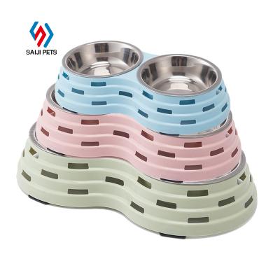 China Saiji New Arrival Durable Anti-Slip Stainless Pet Dog Large Dog Dish Detachable Double Bowl for sale