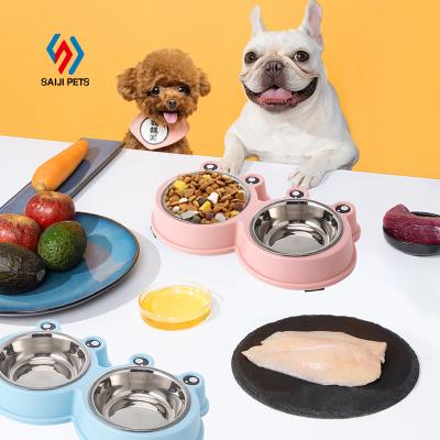 China Saiji Frog Design Plastic Base Stainless Steel Melamine Dog Food and Water Viable Bowls for sale