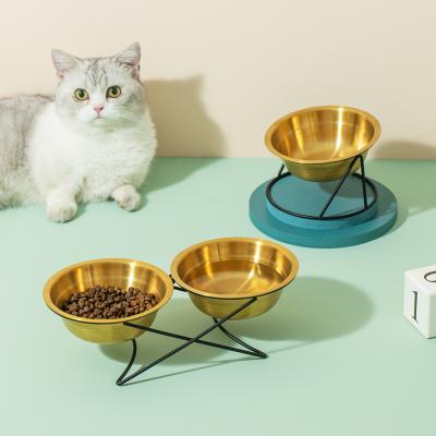 China Saiji Wholesale Viable Non-slip Gold Color 304 Stainless Steel Large Double Dog Bowl With Stand for sale