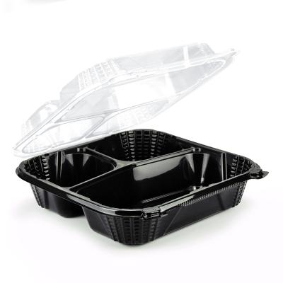 China Wholesale 8 Inch Disposable Square Color Clam Shell Black&Clear Hinged Food Container Double To Go Meal Box With 3 Compartments for sale