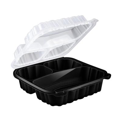 China 9 Inch 32 Ounce Disposable Take Out Color Double Hinged Lid Microwave Container Clear Black Base With 3 Compartment Lid And Base for sale