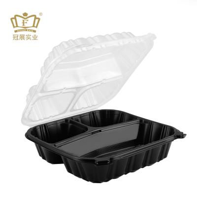 China Disposable Take Out 8 x 8 x 3 Inch Double Lid Microwave Square Color Hinged Container with 3 Compartment Black Base and Clear Lid for sale