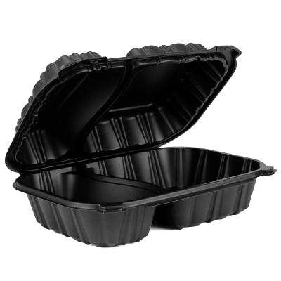 China Wholesale Eco-Friendly To Put 9 x 6 x 3 Inch Eco-Friendly MFPP Hinged Lid Microwave Food Container with 2 Compartments Black Color for sale