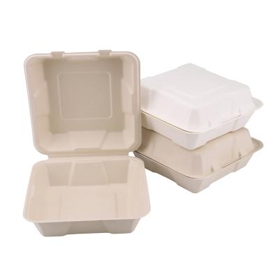 China Disposable 8*8*3 Inch Take Out 100% Eco-Friendly Disposable Biodegradable Sugarcane Bagasse Food Container Clamshell Lunch Box for sale