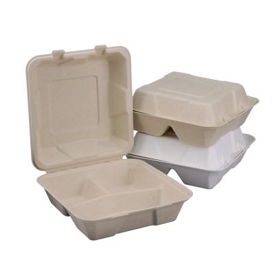 China Eco-friendly 9*9*3 Inch Disposable Sugarcane Bagasse Clamshell Lunch Food Box With 3 Compartments For Restaurant Package for sale