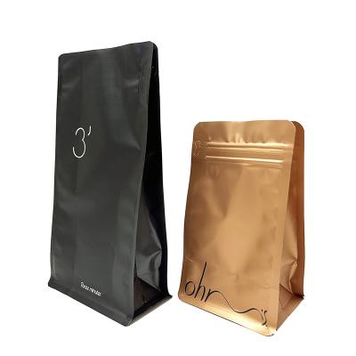 China Matte Black Gold Flat Bottom Recyclable High Quality Custom Coffee Bean Bag With Valve And Side Zipper for sale