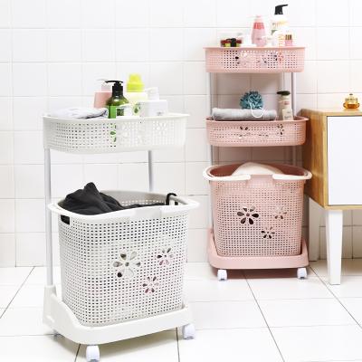 China PP Clothes Storage Basket Multi-Layer Plastic Sustainable Dirty Rack Shelf Movable Laundry Basket With Wheels for sale