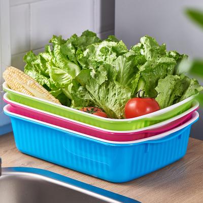 China Sustainable Fruit Tray Rectangular Plastic Vegetable Drain Basket Double-Layer Wash Basket for sale