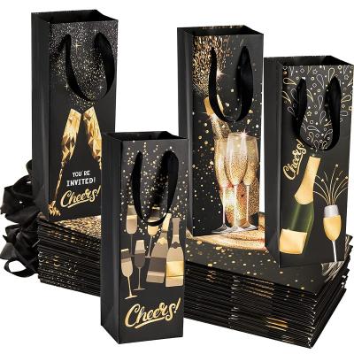 China Recycled Materials Wine Bottle Gift Bags, Champagne Gift Bag Black Kraft Paper Bags With Handles For Holidays for sale