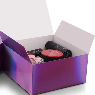 China Custom Logo Eco-friendly Popular Recyclable 8X8X4 Inches Holographic Gradient Purple Gift Boxes With Lids For Presents for sale