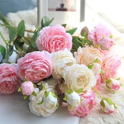 China Really Smell 2021 Manufacturer Supply Custom Artificial FlowersThree Heads Wedding Home Indoor Artificial Peony Rose Flowers for sale