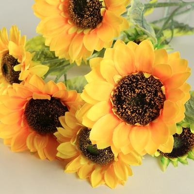 China Truly Feel 2021 Three Heads Custom Artificial Yellow Sunflower Sun Silk Flowers Bulk For Wedding Garden Decoration for sale