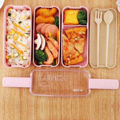 China Japanese Style Food Grade Ace Wheat Straw Bento Box Food Storage Container Three-Layer Plastic Bowl With Spoon And Fork for sale