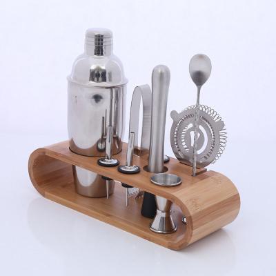 China 2021 New Viable Bamboo Bartender Kit Bars Set Tools Rack 750ml Stainless Steel Bartender Cocktail Shaker Mixer Drink Kit for sale