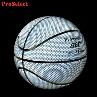 China 7 Proselect Glowing In Dark Silver Reflective Light PU Basketball Ball for sale