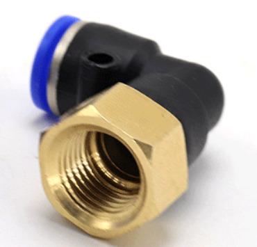 China Hotels 2 Way PLF L Female Type Threaded Pneumatic Fittings Union 90 Degree Elbow Pipe Connector for sale