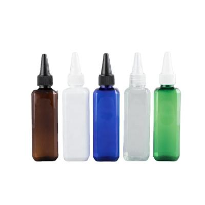 China Packaging Customized Print 100ml Logo PET Plastic Square Shape Empty Refillable Inks Oil Serum Squeeze Bottles With Twist Spout Cap for sale