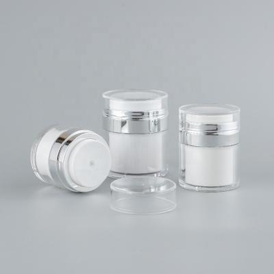 China Factory Round Frosting 15g 30g 50g Luxury Empty White Silver Cream Personal Care Acrylic Plastic Cosmetic Airless Pump Jar for sale