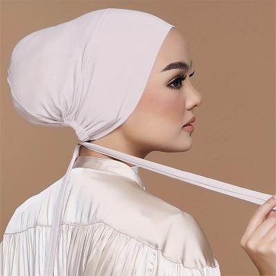 China Chiffon CCY Solid Color Inner Cap Elastic Hair Turban Soft Head Wrap Underscarf Women Lace Up Beanie Muslim Islamic Ramadan Hijab for sale