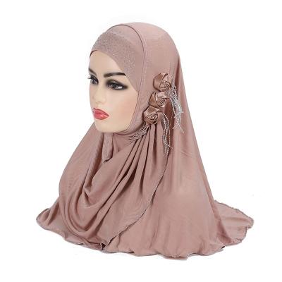 China Chiffon CCY Muslim Girls Jersey Hijab with Flower Chains Pull On Islamic Polyester Chiffon Scarf Wrap Turban Caps Headscarves Turban for sale