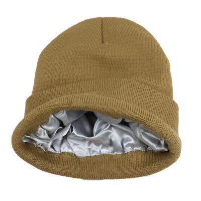 China COMMON Silk Satin Striped Chunky Cap Winter Knit Beanie Hats For Women for sale